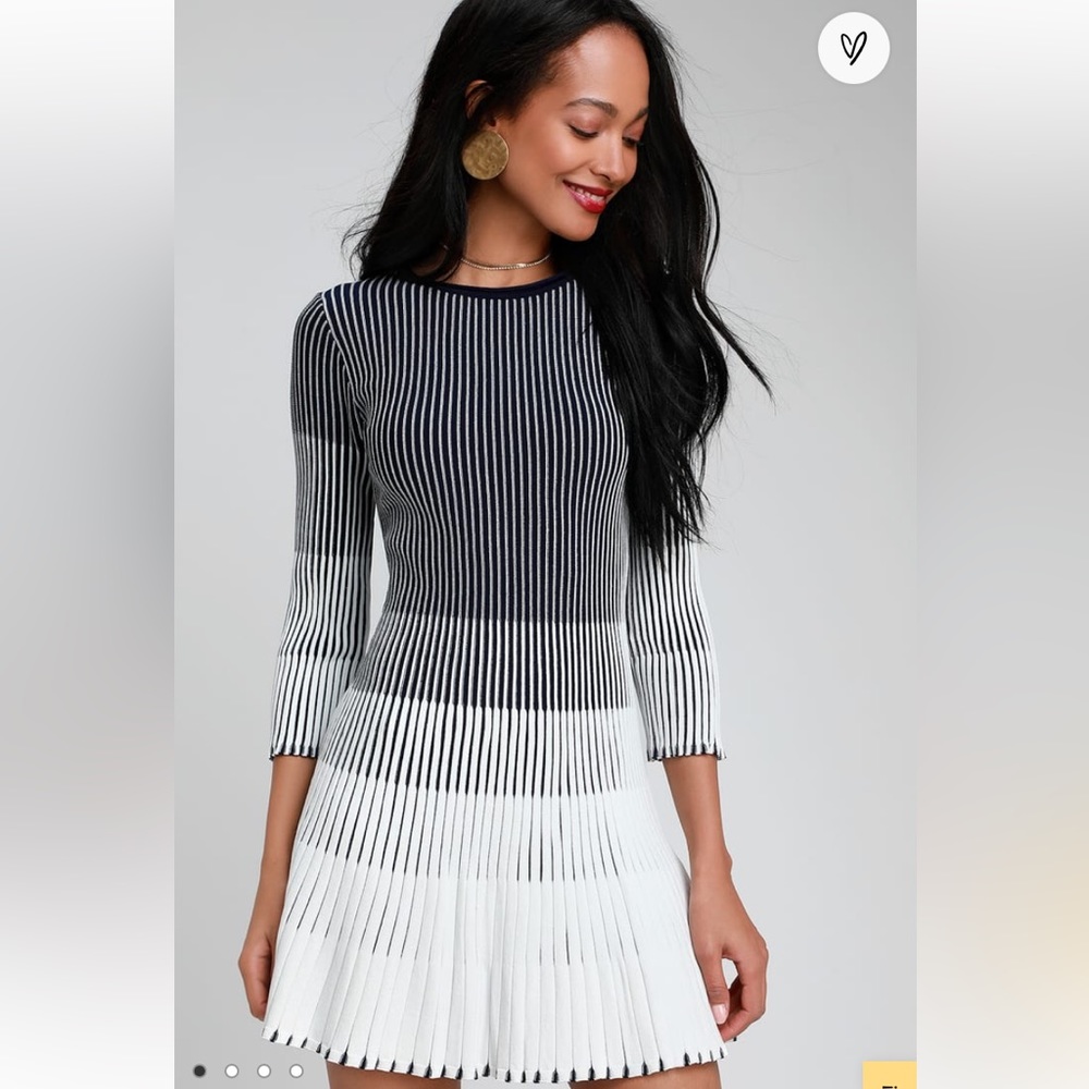 Dainty Hooligan White Navy Blue Striped Pleated Sweater Ombré Skater Dress